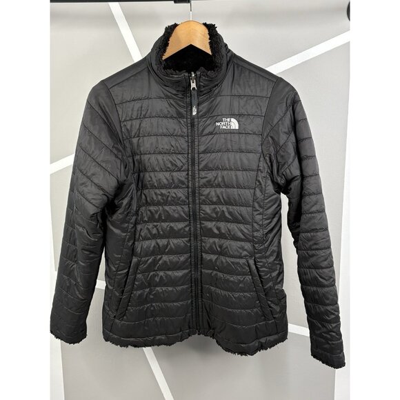 North Face Puffer Reversible Jacket Girl’s Youth XL 18 Cozy Sherpa Fleece Black - Picture 1 of 16